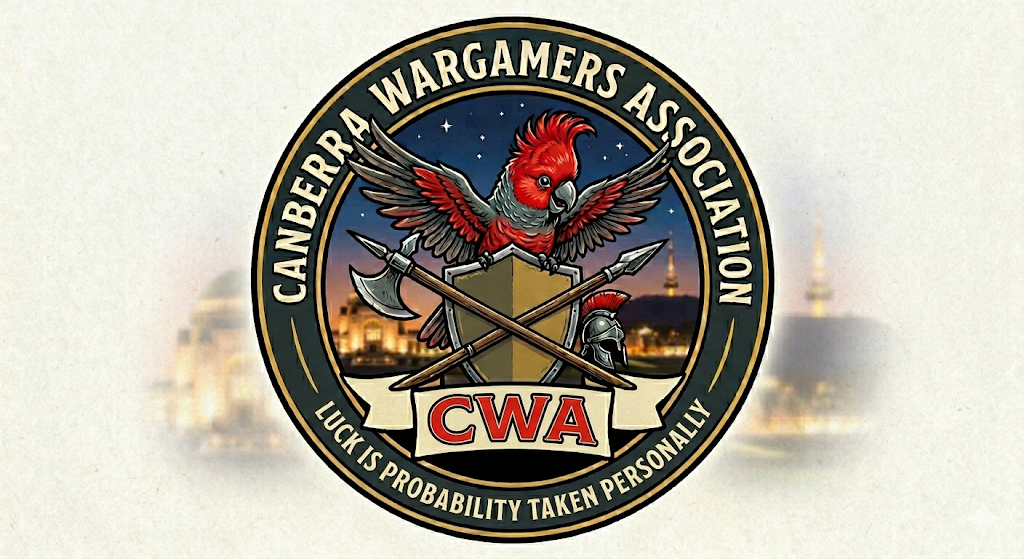 Canberra Wargamer's Association emblem — a gang-gang cockatoo above a shield with crossed axe and spear